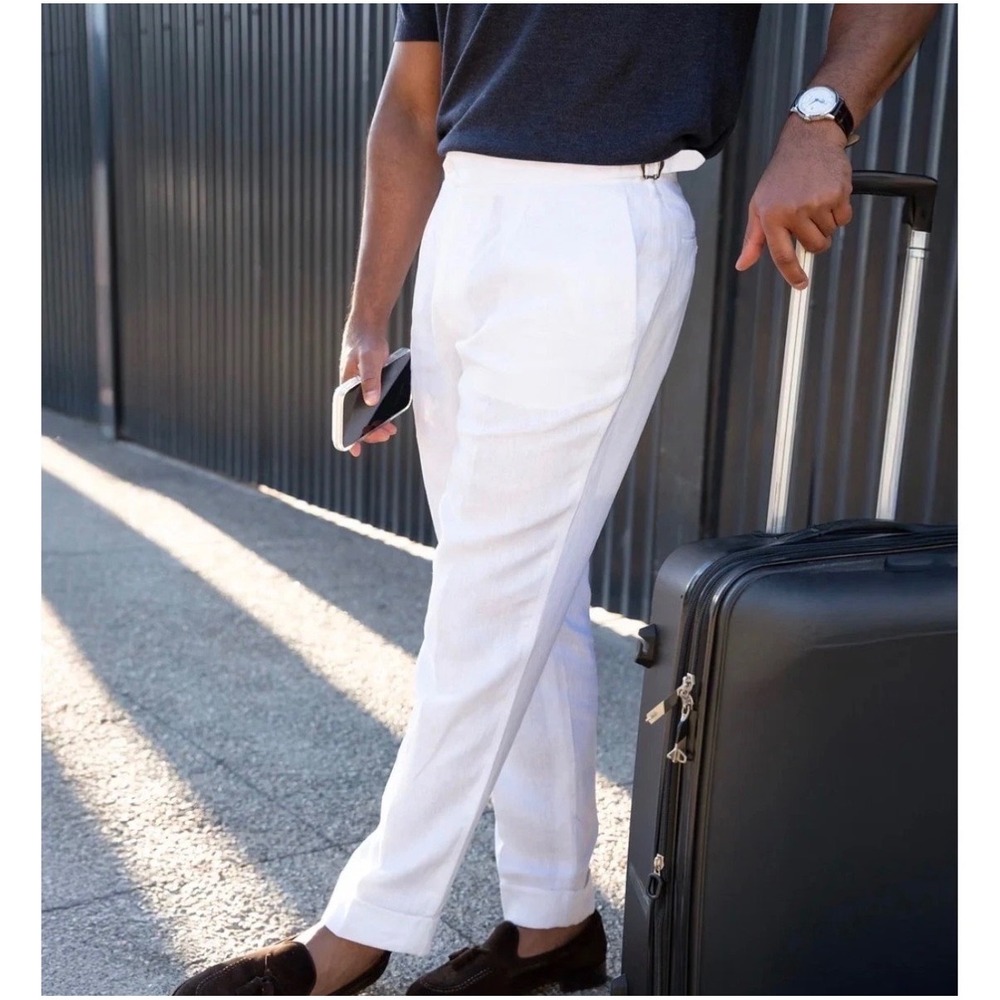Collars & Co. Mens 38x30 Linen Pleated Side Adjuster Pants White NK-6047UCC NEW